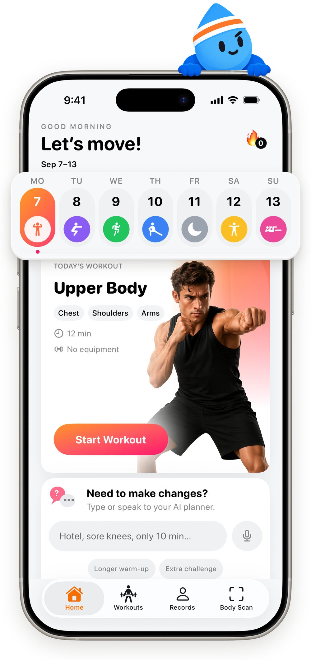 SweatBud home screen with a personalized weekly workout plan, an enlarged date selector, and the blue SweatBud mascot.